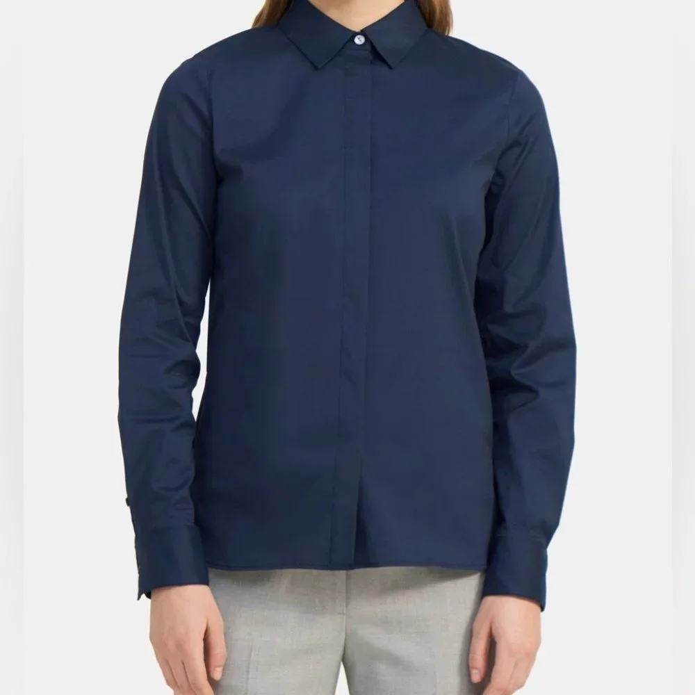 Theory | Tops | Theory Classic Fitted Stretch Cotton Navy Shirt | Poshmark
